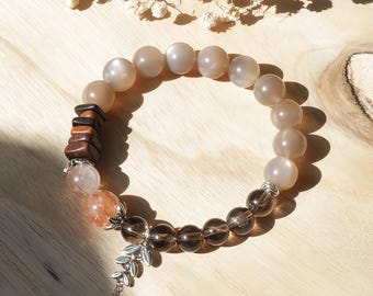 Silver Milk Tea Moonstone Smoky Quartz Black Super Seven Quartz Agarwood Bracelet