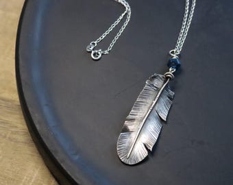 Handmade 925 Silver Vintage Feather Blue Tiger Eye Faceted Bead Pendant Necklace