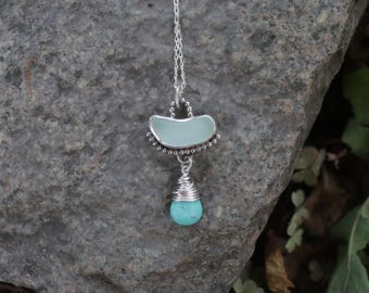Handmade 925 Genuine Sea Form Sea Glass Turquoise Pendant Necklace Bohemian