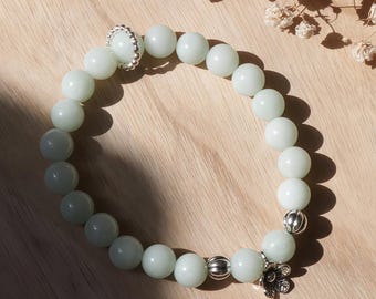 Sterling Sliver Flower Natural Light Blue Jade Beads Elastic Bracelet