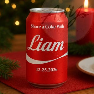 May include: A red Coca-Cola can with the name "Liam" printed in white script. The can also features the text "Share a Coke With" and the date "12.25.2026". The can is on a red surface, with a blurred background of Christmas lights and a candle.
