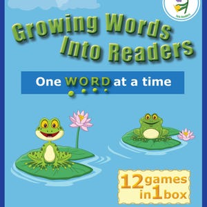 May include: A blue educational kit titled "Growing Words Into Readers." The cover features cartoon frogs on lily pads, a pink lotus flower, and the text "One WORD at a time." It includes "12 games in 1 box" for sight words 1-20.