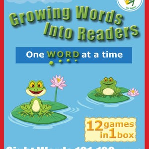 May include: A colorful educational kit titled "Growing Words Into Readers." The cover features cartoon frogs on lily pads, a pink lotus flower, and the text "One WORD at a time." It includes "12 games in 1 box" for sight words 101-120, Kit 6.