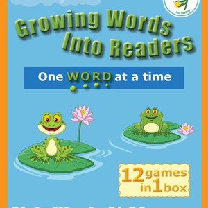 May include: A colorful educational kit titled "Growing Words Into Readers." The image features cartoon frogs on lily pads, a lotus flower, and the text "One WORD at a time." It includes "12 games in 1 box" and focuses on sight words 41-60.