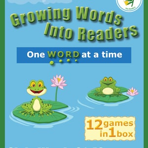 May include: A children's educational kit titled "Growing Words Into Readers." The cover features cartoon frogs on lily pads, a pink lotus flower, and the text "One WORD at a time." It includes "12 games in 1 box" for sight words 21-40, Kit 2.