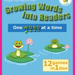 May include: A blue educational kit titled "Growing Words Into Readers" with the text "One WORD at a time." The image features two cartoon frogs on lily pads, with the text "Sight Words 61-80 Kit 4" and "12 games in 1 box."