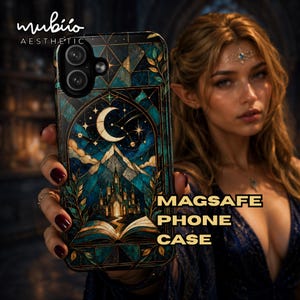 May include: A MagSafe phone case featuring a stained glass design with a crescent moon, stars, a mountain range, a castle, and an open book. The color palette includes shades of deep blue, teal, and gold. The text reads Mubiio Aesthetic.