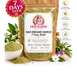 May include: A brown pouch containing green herbal powder labelled Trop Baddie Bad Dreams Shield 7 Days Bath, 1/2 oz. / 14.175 g. The label features a giraffe illustration, text about sleep and energy, and icons for peaceful sleep, protection, and botanical blends.