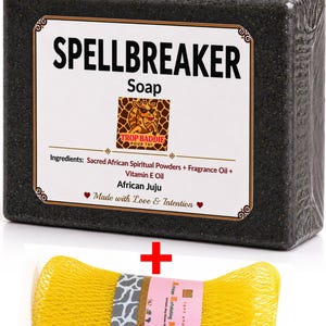 May include: A dark gray rectangular bar of "SPELLBREAKER" soap with a white label and a giraffe logo. The ingredients include African spiritual powders and vitamin E oil. A yellow exfoliating net is included.