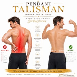 May include: Image shows a "Pendant Talisman" spiritual healing string for back pain relief. The image includes text and illustrations comparing "Before" and "After" effects. The string is made of natural cotton and is designed for spiritual support.