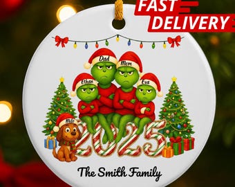 Grinch-ornament voor gezin van 4 met huisdier | Gepersonaliseerde kerstornament 2025 | Aangepaste keramische aandenken voor gezinsvakanties