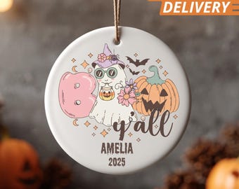 Personalized Boo Ghost Ornament: Cute Pastel Pumpkin Christmas Tree Decor, Custom Name Holiday Ornament