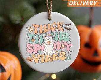 Personalized Thick Thighs Spooky Vibes Ornament: Cute Pastel Ghost Ceramic Decor, Custom Christmas Ornament