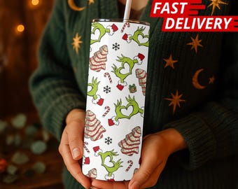 Grinch Weihnachtsbecher 20 Unzen, Grinch Hands Herz Skinny Cup, Weihnachtsbaum-Muster, Candy Cane Weihnachtsgeschenk, Festliches Winter Trinkgeschirr