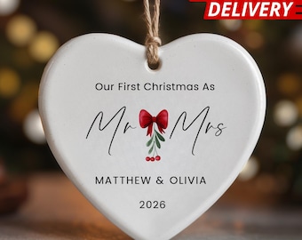 First Christmas Married Ornament 2025: Personalized Gift for Newlywed Couple, Mr & Mrs Ornament, Married Christmas Keepsake