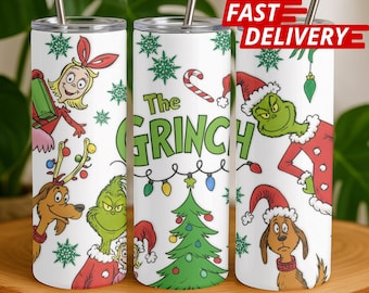 Grinch Christmas Skinny Tumbler 20oz, 3D Inflated Green Holiday Cup, Christmas Tumbler Gift, Santa Claus Festive Drinkware