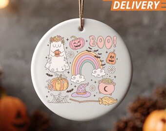 Ornamento personalizzato con fantasma pastello e arcobaleno: graziosa decorazione natalizia in ceramica, ornamento Boo con nome personalizzato