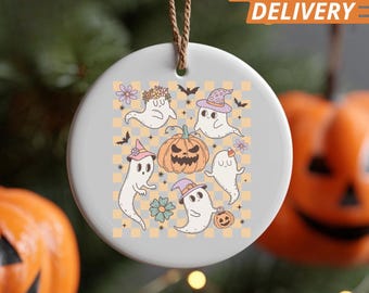 Ornamento personalizzato a forma di gruppo di fantasmi: decorazione in ceramica con zucca natalizia color pastello, ornamento di Halloween con nome personalizzato