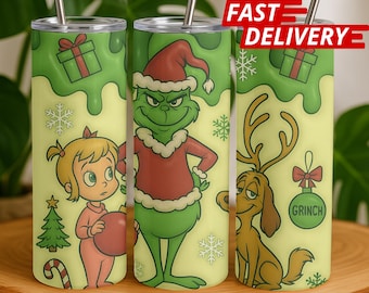 Grinch Christmas Skinny Tumbler 20oz, 3D Inflated Green Holiday Cup, Christmas Tumbler Gift, Santa Claus Festive Drinkware