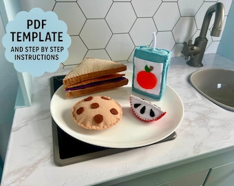 Felt Play Food Lunch Sewing Pattern: DIY Sandwich, Cookie, Juice, Apple (PDF Digital Template)