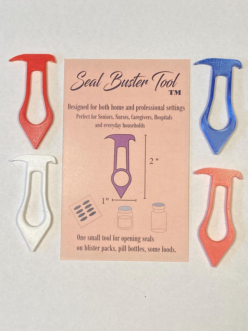 May include: A collection of colorful plastic Seal Buster Tools in red, white, blue, and orange, surrounding a card. The card displays the tool's name, purpose, and dimensions: 2 inches long and 1 inch wide. The tool is designed for opening seals on blister packs and pill bottles.