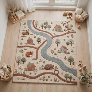 May include: A rectangular area rug featuring a cream-colored background with a winding blue river, brown paths, and various tufted motifs including houses, trees, flowers, and woodland animals such as a deer, fox, bear, rabbit, and squirrel.