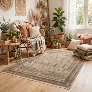 Puede incluir: Una alfombra rectangular con base color canela y un patr&oacute;n repetitivo de motivos geom&eacute;tricos y bot&aacute;nicos en azul y &oacute;xido. La alfombra tiene bordes con flecos y est&aacute; colocada sobre un suelo de madera clara en una habitaci&oacute;n con una silla de rat&aacute;n.