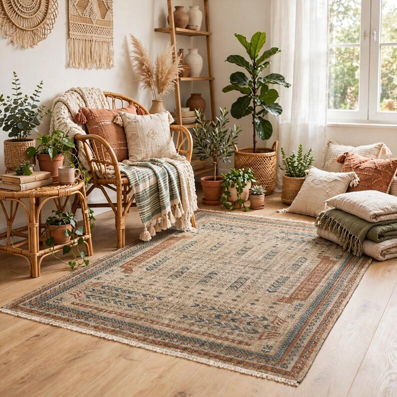 Puede incluir: Una alfombra rectangular con base color canela y un patr&oacute;n repetitivo de motivos geom&eacute;tricos y bot&aacute;nicos en azul y &oacute;xido. La alfombra tiene bordes con flecos y est&aacute; colocada sobre un suelo de madera clara en una habitaci&oacute;n con una silla de rat&aacute;n.