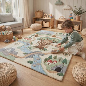 May include: A rectangular area rug featuring a tufted landscape design with a central treehouse, a winding blue river, a stone bridge, mountains, and forest elements including mushrooms and a cave, rendered in soft earth tones and muted greens.