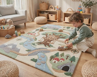 May include: A rectangular area rug featuring a tufted landscape design with a central treehouse, a winding blue river, a stone bridge, mountains, and forest elements including mushrooms and a cave, rendered in soft earth tones and muted greens.
