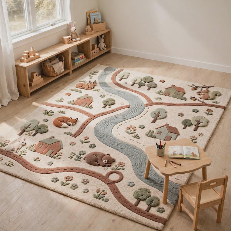 May include: A rectangular area rug featuring a textured, tufted landscape design in cream, sage green, brown, and blue. The pattern depicts a winding river, brown paths, small houses, trees, flowers, and sleeping animals including a bear and fox.