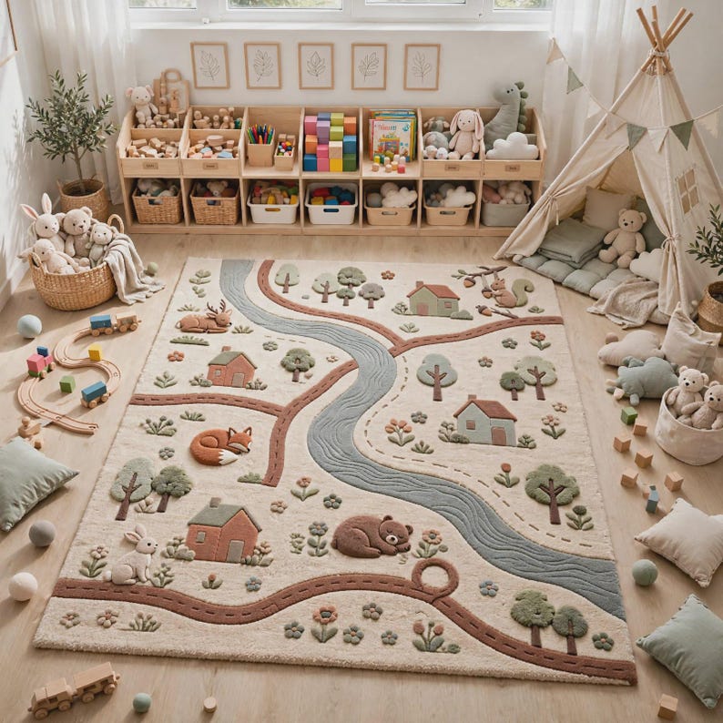 May include: A rectangular area rug featuring a textured, tufted landscape design with a winding blue river, brown paths, small houses, trees, flowers, and various woodland animals including a bear, fox, rabbit, deer, and squirrel in muted tones.