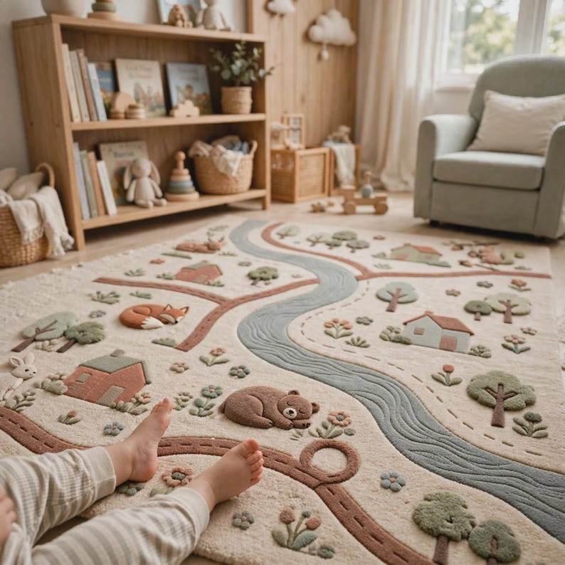 Hand tufted wool kids rug with road and river design in cozy nursery playroom with wooden bookshelf and toys