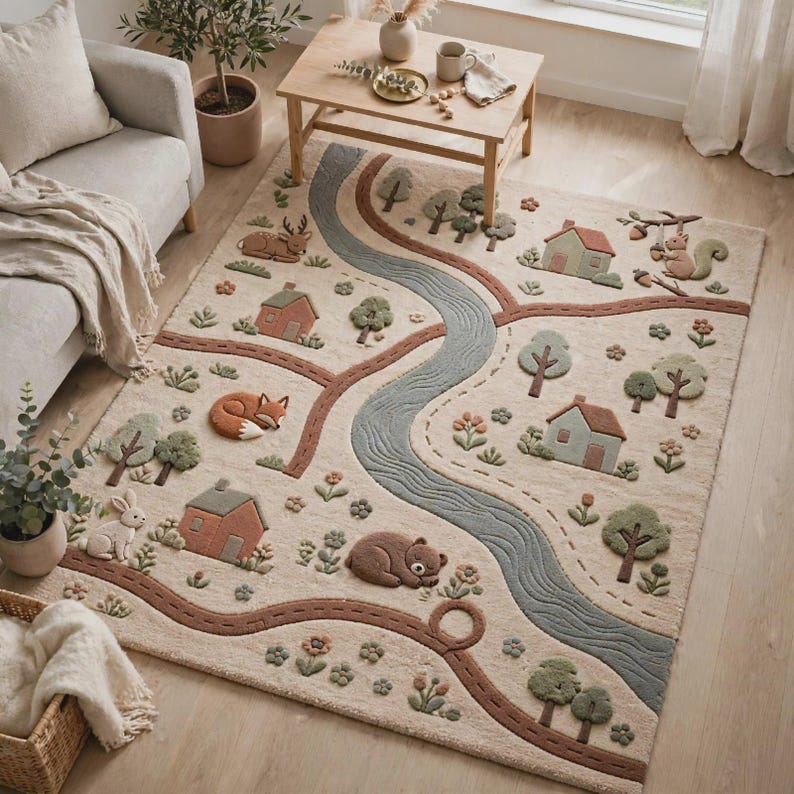 May include: A rectangular area rug featuring a cream-colored background with a winding blue river, brown paths, and various raised textured elements including green trees, small houses, a deer, a fox, a bear, a rabbit, and a squirrel.