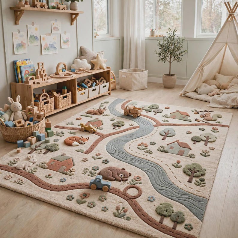 May include: A rectangular area rug featuring a textured, raised landscape design with a winding blue river, brown roads, and various soft-toned appliques including houses, trees, flowers, a bear, a fox, a deer, and a rabbit on a cream background.