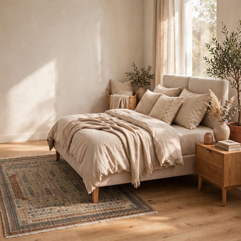 Puede incluir: Una estructura de cama tapizada en color beige con funda n&oacute;rdica y manta a juego. La cama cuenta con varias almohadas beige, incluida una con un patr&oacute;n texturizado. Una mesita de noche de madera se sit&uacute;a junto a la cama y una alfombra estampada cubre el suelo.