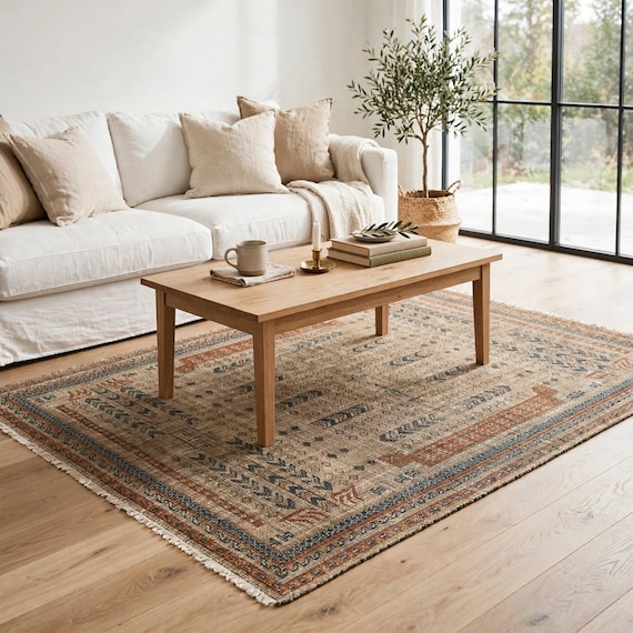 Tribal Medallion Area Rug, Vintage Style Carpet, Rust Terracotta Blue Cream Rug, Faded Distressed Boho Carpet, Fringe Wool Rug
