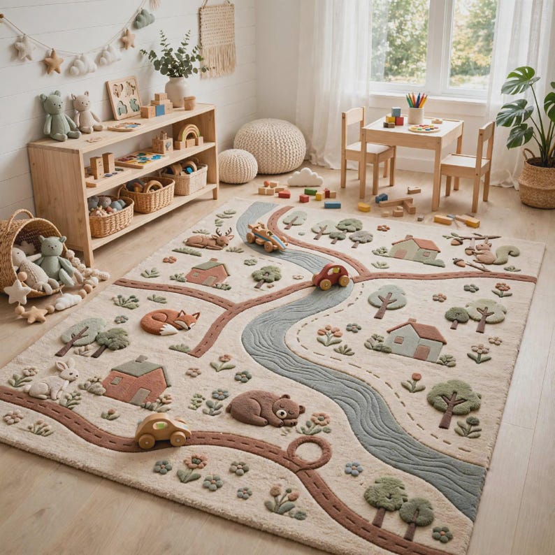 May include: A rectangular area rug featuring a textured, raised landscape design with a winding blue river, brown roads, green trees, small houses, and various woodland animals including a bear, fox, rabbit, and squirrel in muted earth tones.