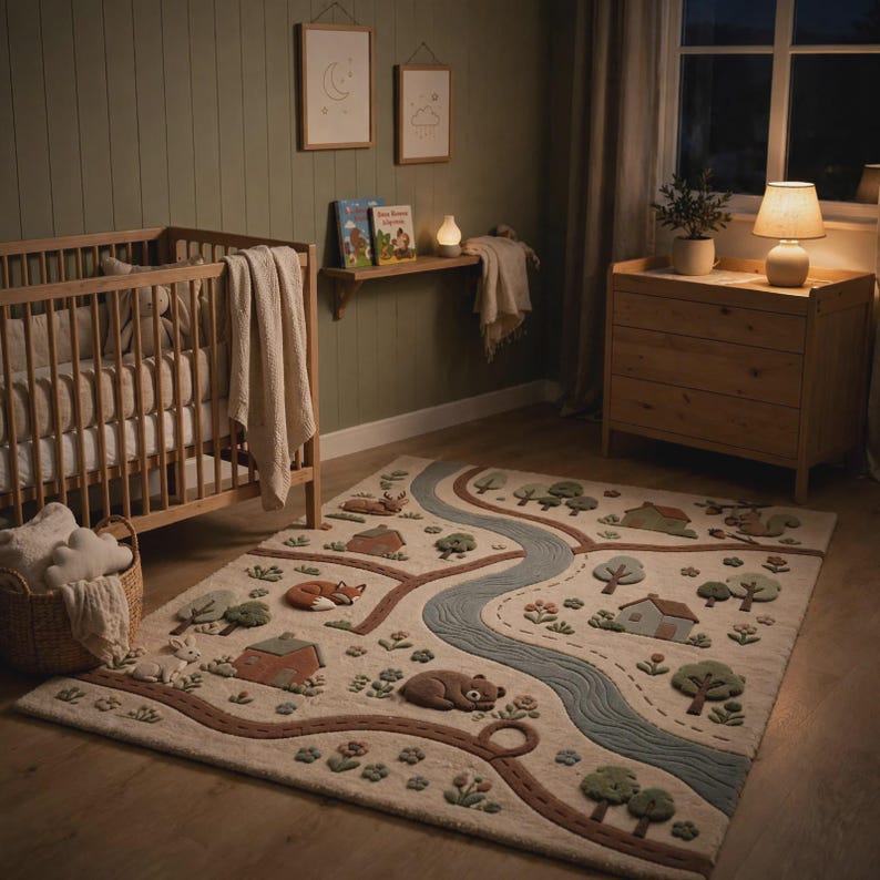 Nursery room evening scene with crib and soft lamp light beside woodland road rug
