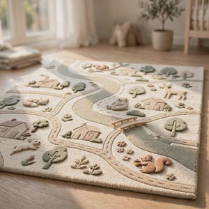 May include: A rectangular area rug featuring a raised, textured landscape design in cream, sage green, and tan. The pattern includes winding paths, small houses, trees, flowers, a wooden bridge, and various animals like a bear, fox, rabbit, and squirrel.