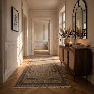 Puede incluir: Una alfombra rectangular larga con un patr&oacute;n geom&eacute;trico tenue en tonos beige, azul y &oacute;xido, con un borde de flecos. La alfombra est&aacute; colocada sobre un suelo de madera clara en espiga en un pasillo con un mueble de madera oscura y un espejo.