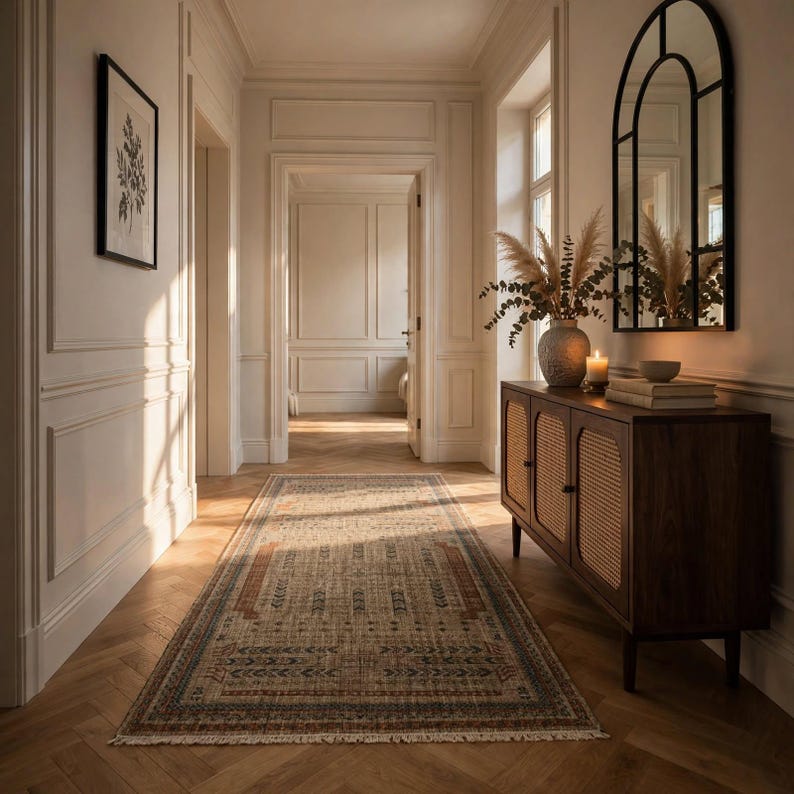 Puede incluir: Una alfombra rectangular larga con un patr&oacute;n geom&eacute;trico tenue en tonos beige, azul y &oacute;xido, con un borde de flecos. La alfombra est&aacute; colocada sobre un suelo de madera clara en espiga en un pasillo con un mueble de madera oscura y un espejo.