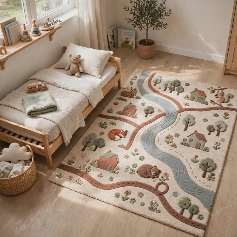May include: A rectangular area rug featuring a textured, raised landscape design with a winding blue river, brown paths, green trees, small houses, and various woodland animals including a bear, fox, rabbit, and squirrel on a cream-colored background.