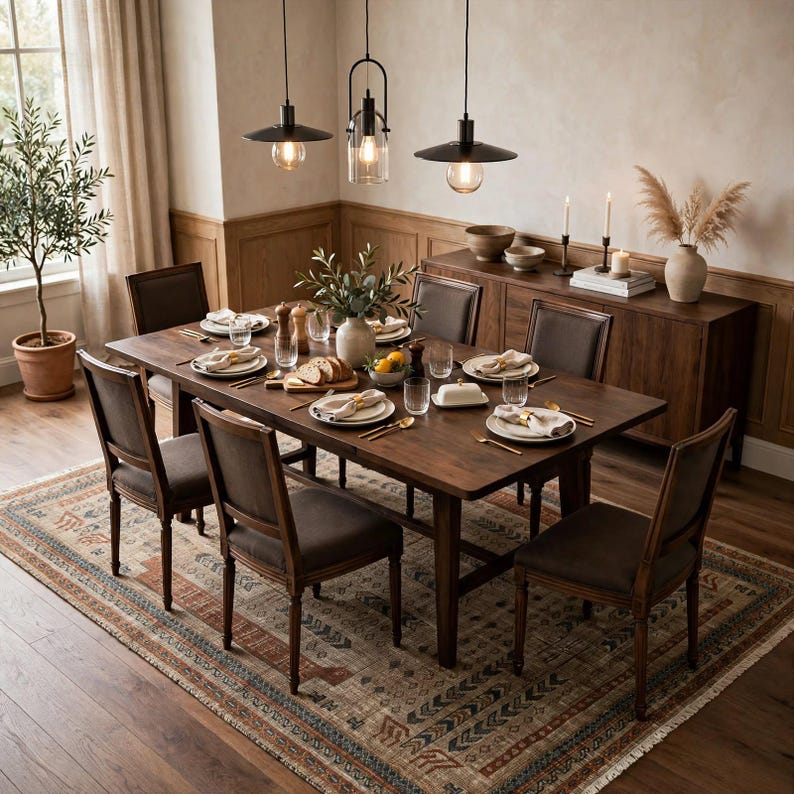 Puede incluir: Una mesa de comedor rectangular de madera con seis sillas tapizadas, dispuesta con platos blancos, cristaler&iacute;a y servilletas. Tres l&aacute;mparas colgantes cuelgan sobre la mesa, situada en una alfombra estampada junto a un aparador y una planta.