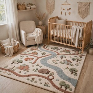 May include: A rectangular area rug featuring a textured, raised design of a winding blue river, brown paths, green trees, small houses, and sleeping animals including a bear, fox, and deer on a cream-colored background with floral accents.
