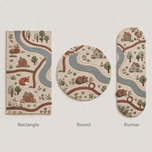 May include: Three textured rugs in rectangle, round, and runner shapes featuring a landscape design with a winding blue river, brown paths, houses, trees, flowers, and animals including a deer, fox, rabbit, bear, and squirrel. Text labels read Rectangle, Round, and Runner.