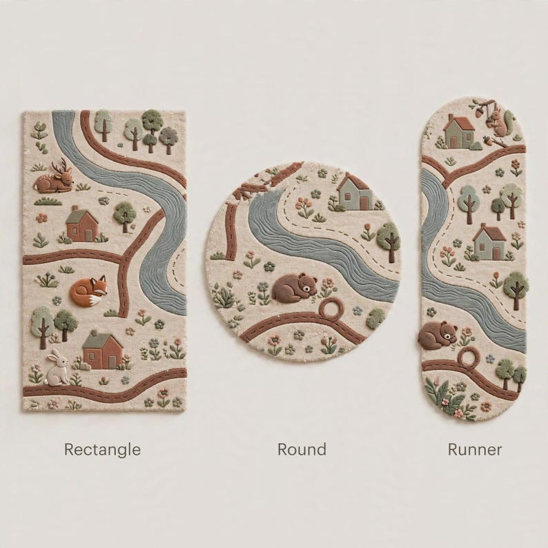 May include: Three textured rugs in rectangle, round, and runner shapes featuring a landscape design with a winding blue river, brown paths, houses, trees, flowers, and animals including a deer, fox, rabbit, bear, and squirrel. Text labels read Rectangle, Round, and Runner.