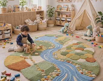 May include: An oval-shaped area rug featuring a textured landscape design with a central blue river, green fields, and patches of tan and brown earth tones. The rug has a tufted, multi-dimensional surface with varied pile heights and colors.