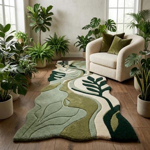 Puede incluir: Una alfombra de forma orgánica irregular con un patrón botánico de mechones en tonos verde salvia, oliva y bosque sobre un fondo crema. La alfombra muestra líneas fluidas y curvas junto con motivos de hojas estilizadas en su superficie.