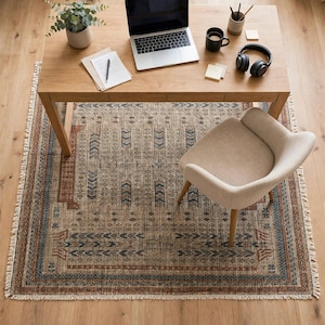 Puede incluir: Una alfombra rectangular con una base de color tostado desgastado y patrones geom&eacute;tricos intrincados en tonos azul, &oacute;xido y crema. La alfombra tiene un borde decorativo y flecos cortos en los extremos, situada bajo un escritorio y una silla.